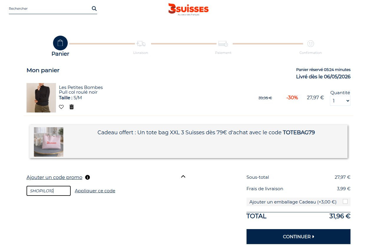 Où saisir le code de réduction sur le site 3 Suisses
