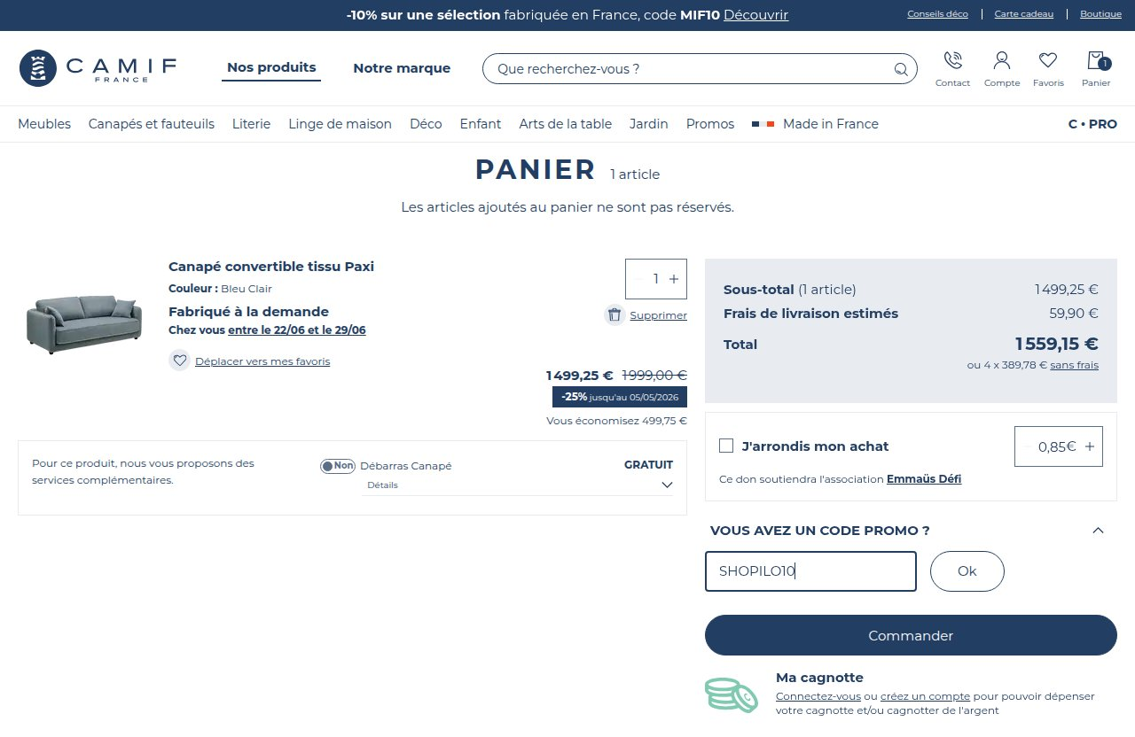 Où saisir le code de réduction sur le site Camif