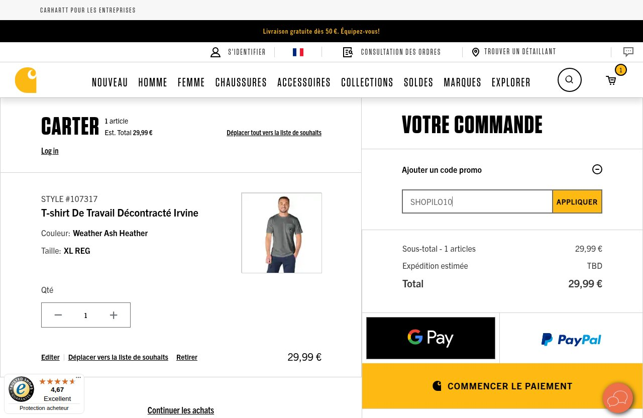 Où saisir le code de réduction sur le site Carhartt
