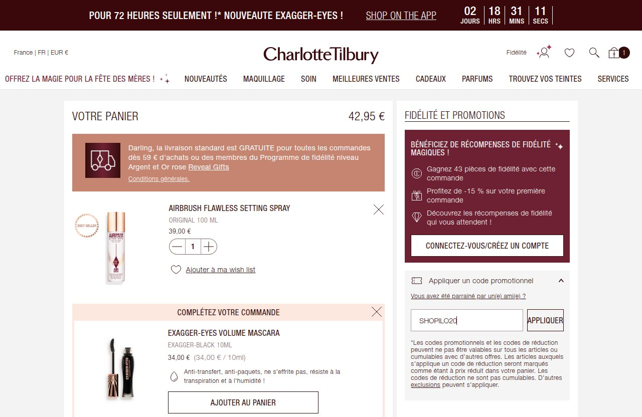Où saisir le code de réduction sur le site Charlotte Tilbury