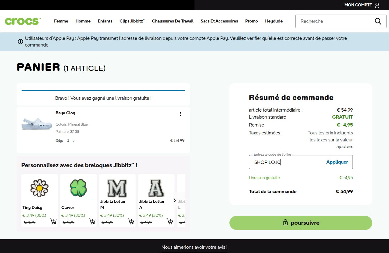 Où saisir le code de réduction sur le site Crocs