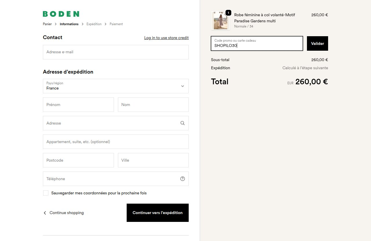 Où saisir le code de réduction sur le site Boden