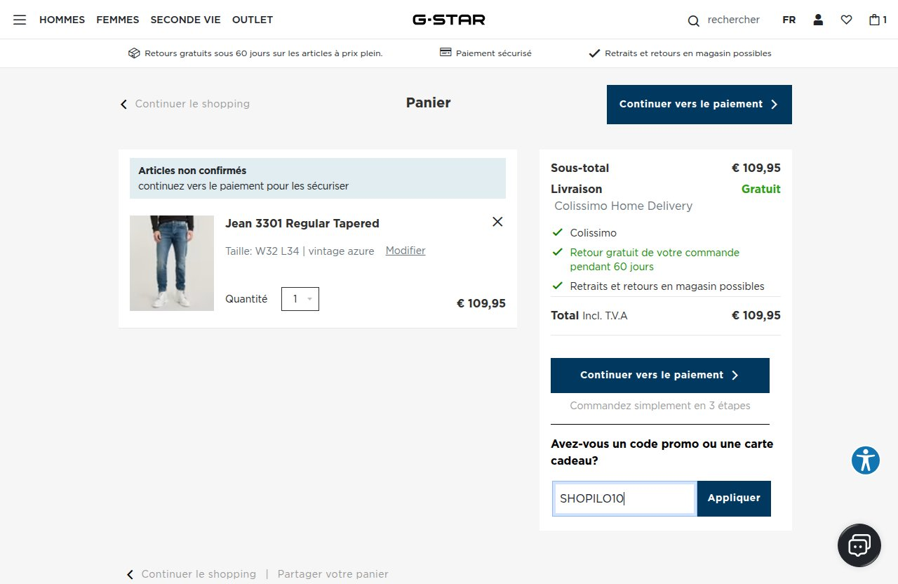 Où saisir le code de réduction sur le site G-Star
