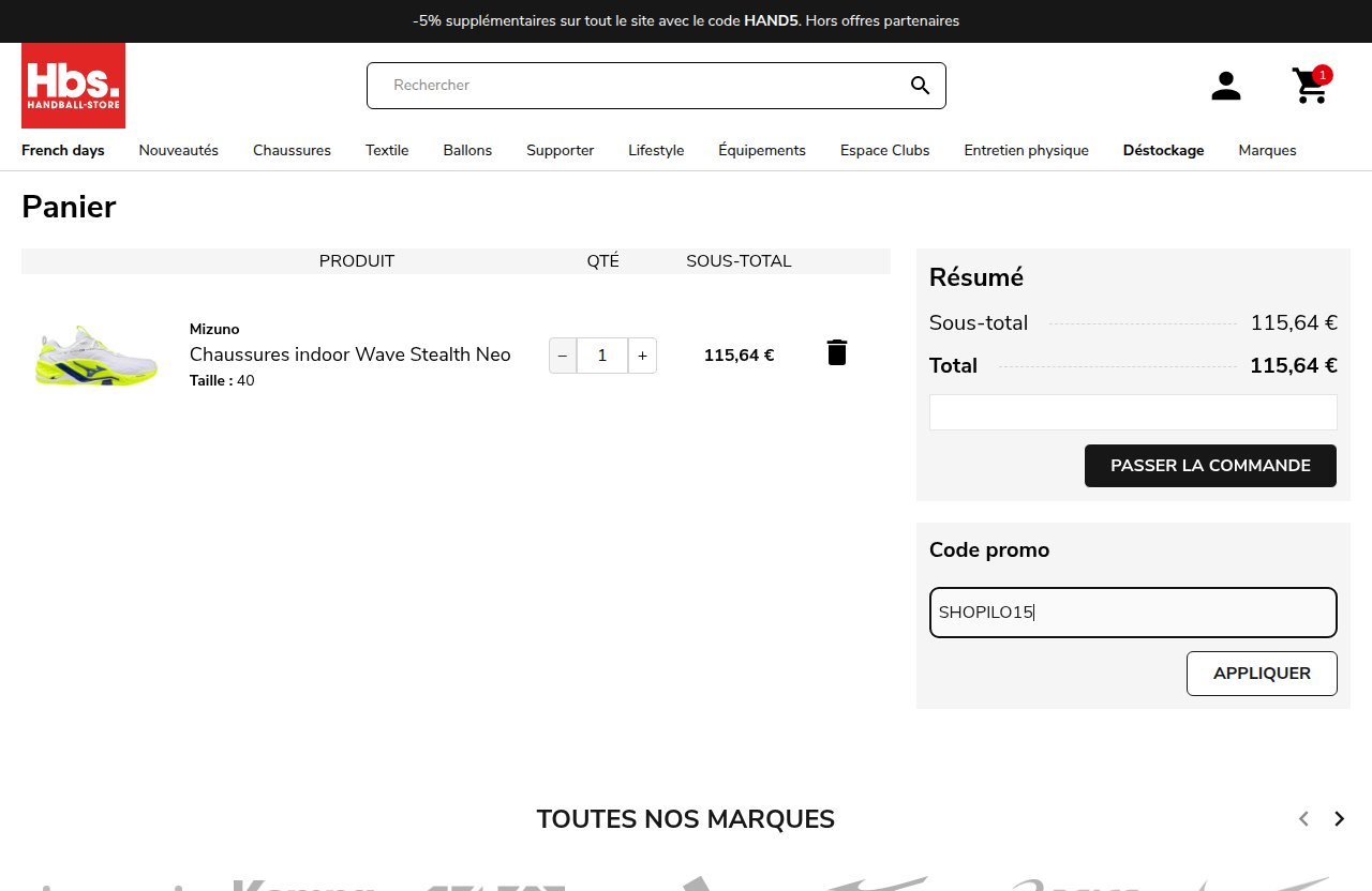 Où saisir le code de réduction sur le site Handball Store
