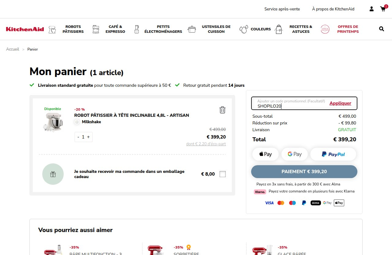 Où saisir le code de réduction sur le site KitchenAid