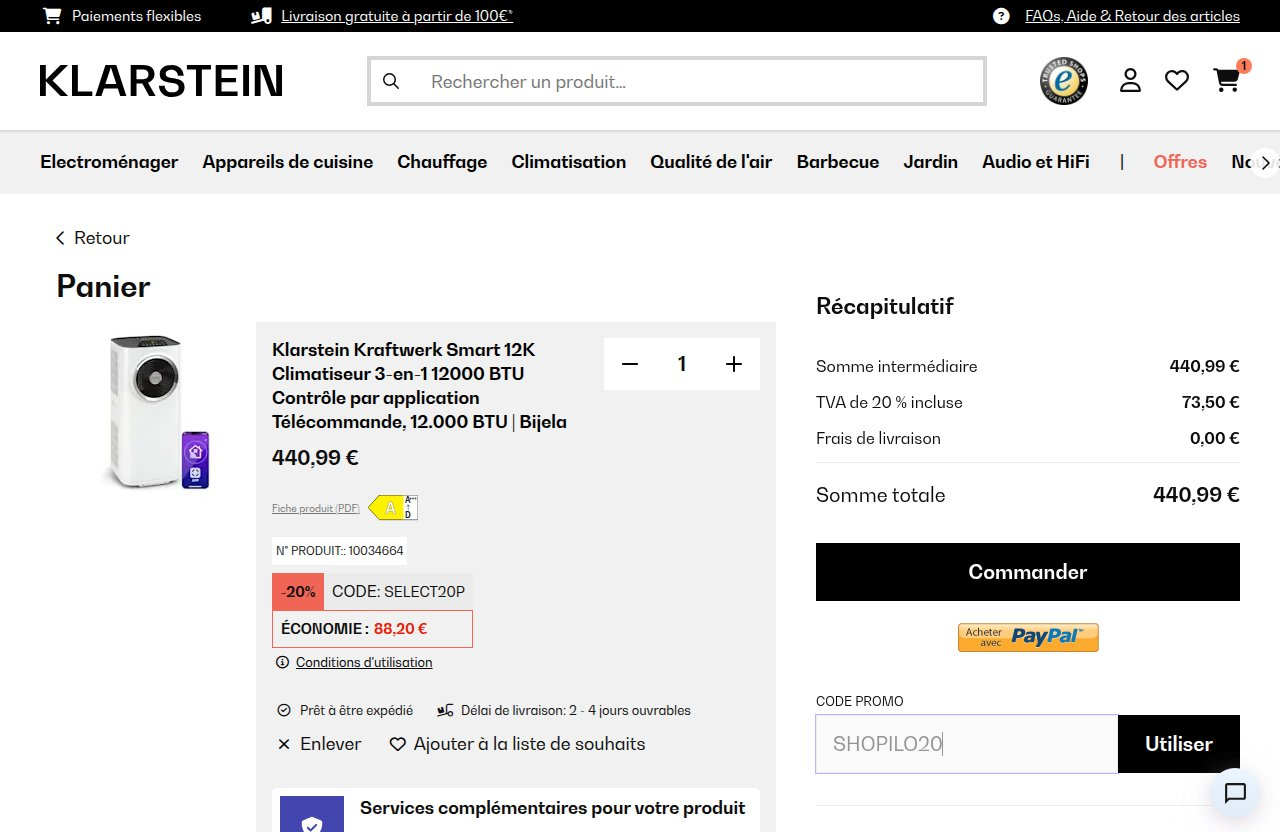 Où saisir le code de réduction sur le site Klarstein
