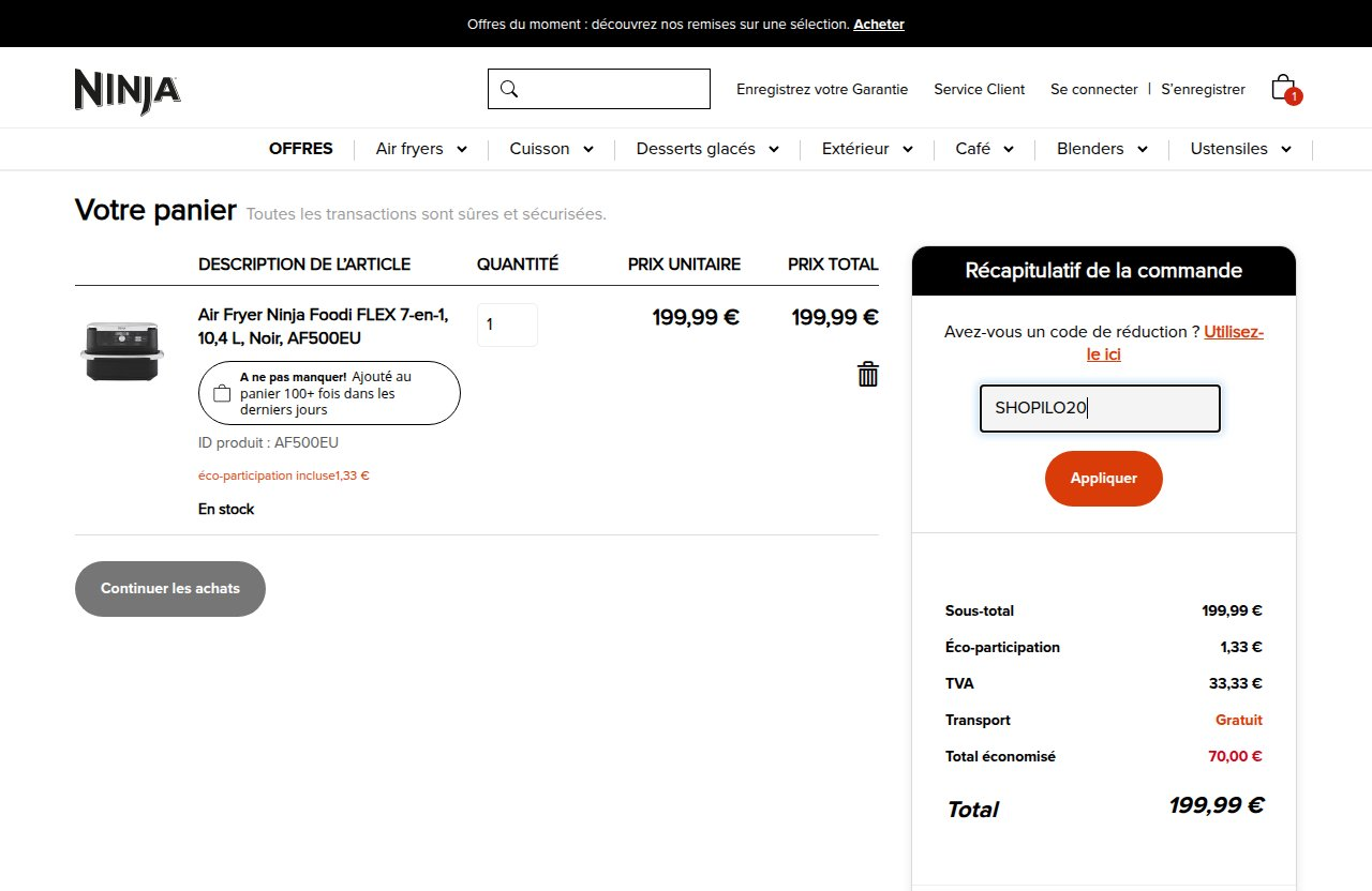 Où saisir le code de réduction sur le site Ninja Kitchen