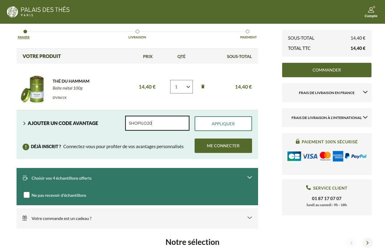 Où saisir le code de réduction sur le site Palais des Thés