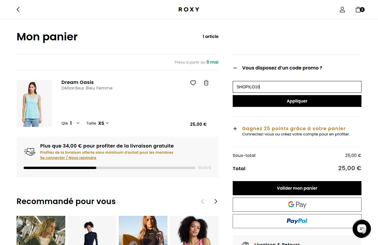 Où saisir le code de réduction sur le site Roxy