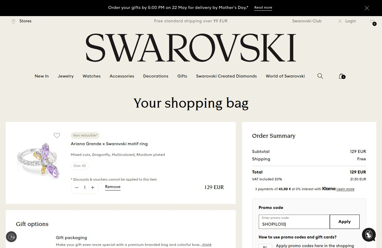 Où saisir le code de réduction sur le site Swarovski