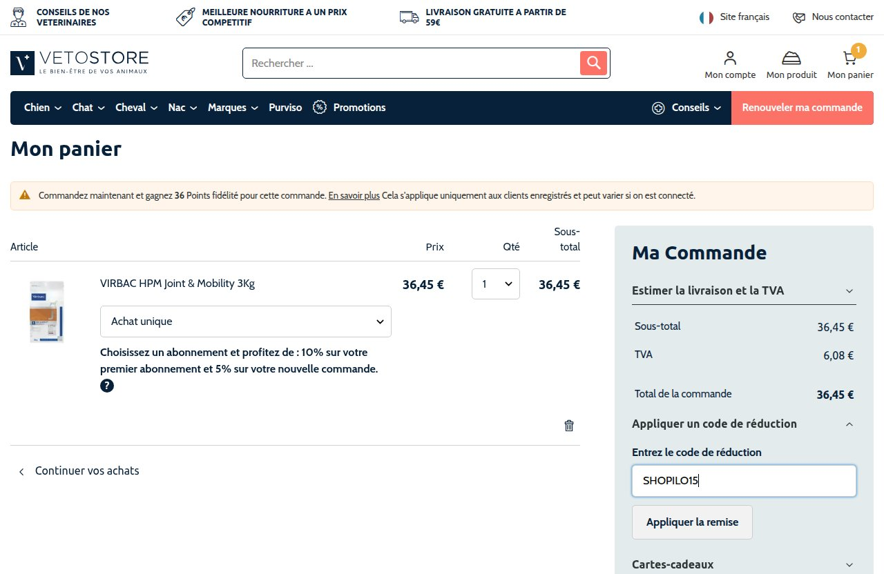 Où saisir le code de réduction sur le site Vetostore