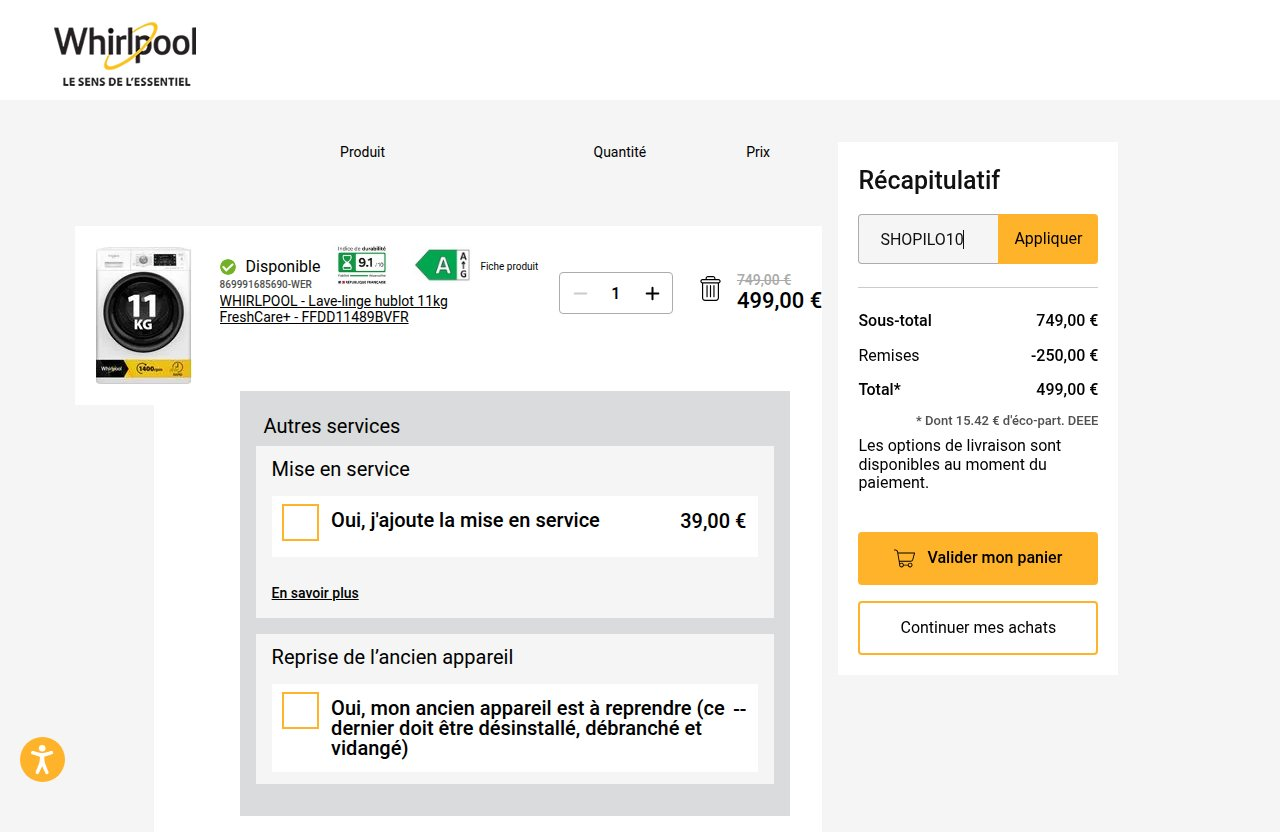 Où saisir le code de réduction sur le site Whirlpool